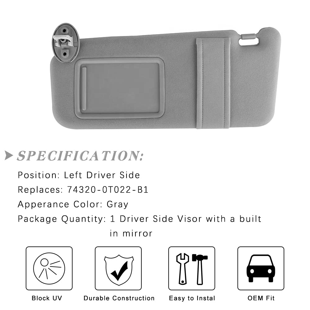 Left Driver Side Sun Visor Replacement for Toyota Venza 2009 2010 2011 2012 2013 2014 2015 2016 with Sunroof and Light (Gray)