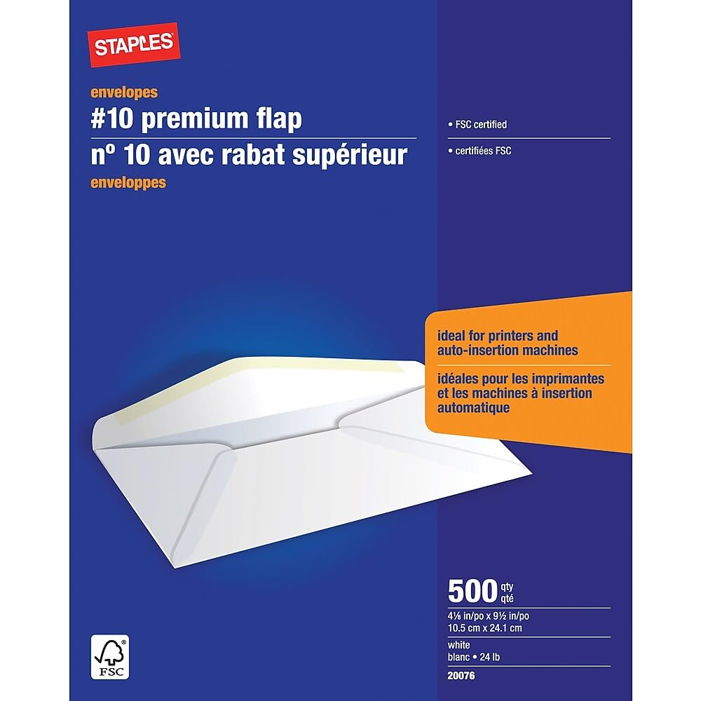Staples Premium #10 Gummed Envelopes - 4-1/8" x 9-1/2" - White - 500 Pack