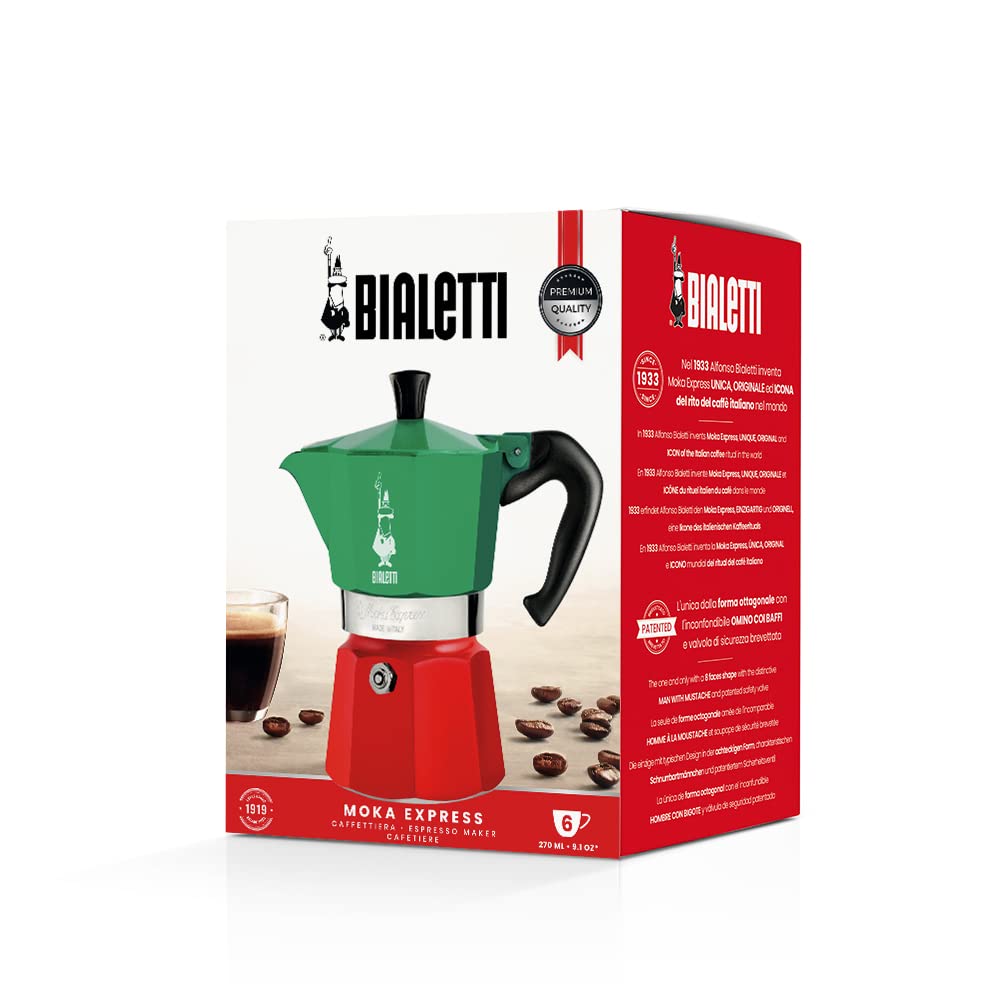 Bialetti Moka Express 6-Cup Aluminum Stovetop Espresso Maker, Tricolore