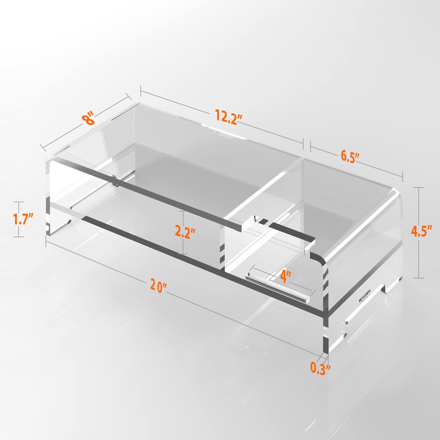 BEYGORM Acrylic Monitor Stand for Full Keyboard, 20" Wide 2-Tier Riser with Storage Shelf and Phone Holder, Desktop Organizer for Laptop, Printer, Screen (Clear)