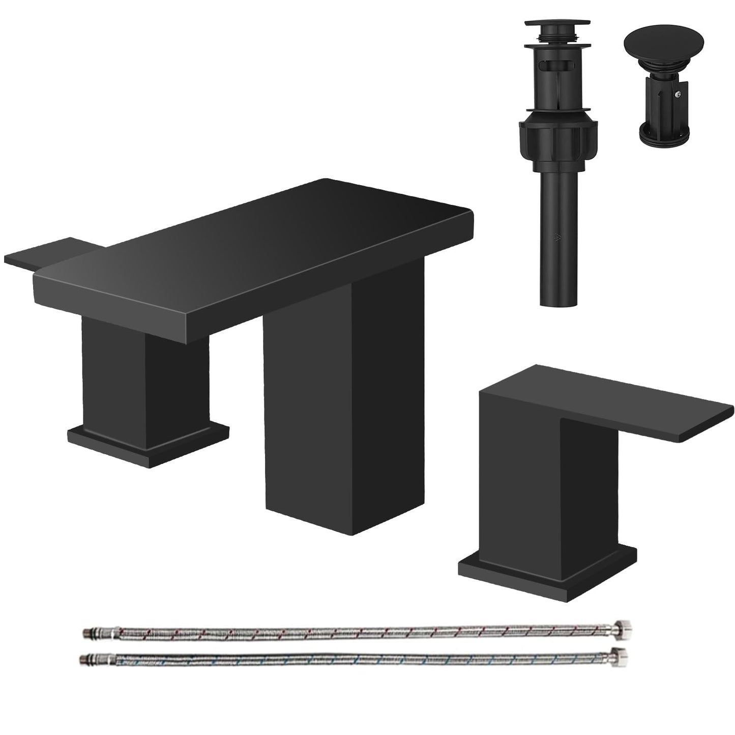 Hoimpro 8 Inches Widespread Waterfall Bathroom Sink Faucet, 2 Handles Vanity Matte Black Bathroom Faucet with cUPC Supply Hoses, 3 Holes Basin Faucet with Pop Up Drain, Stainless Steel, Matte Black