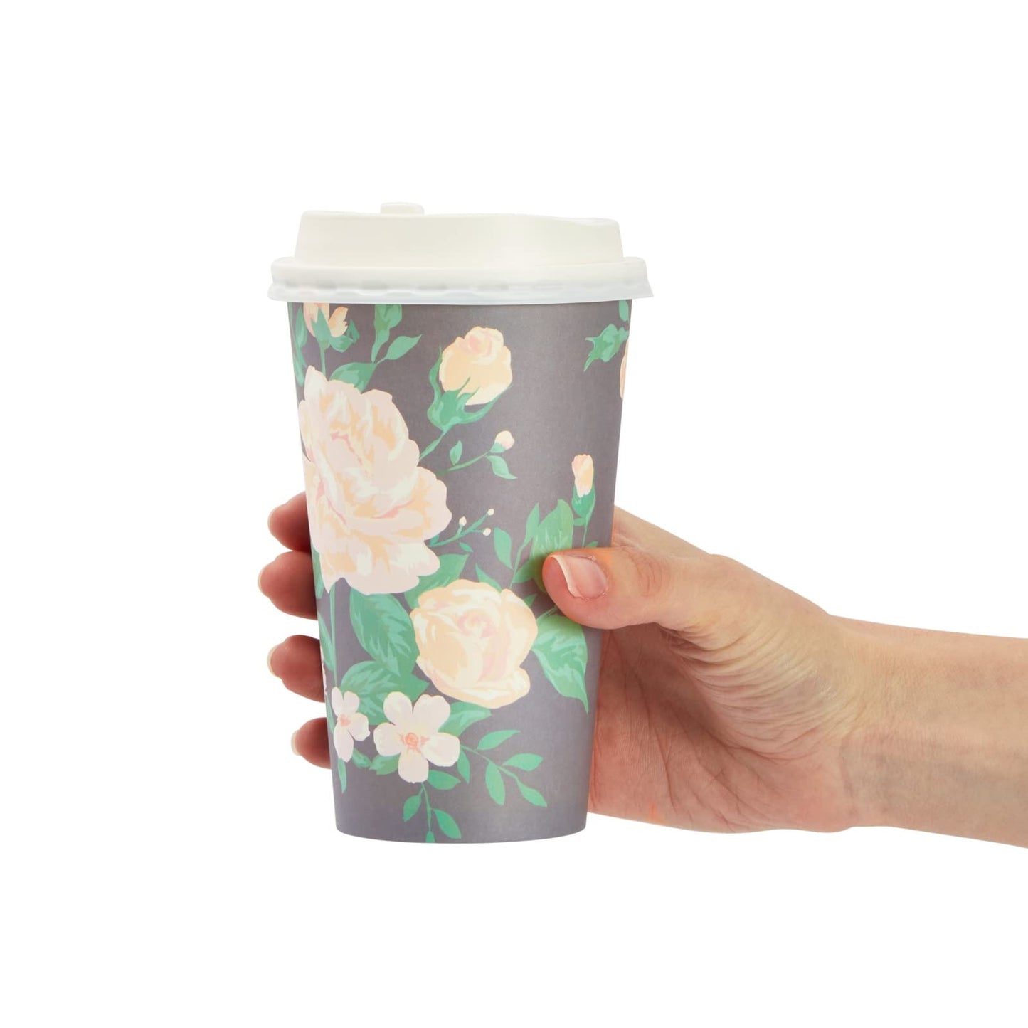 48-Pack Disposable Floral Paper Coffee Cups with Lids 16 oz, to Go Coffee Cups for Flower-Themed Birthday Party Supplies, Wedding Reception, Baby Shower (4 Pastel Colors)