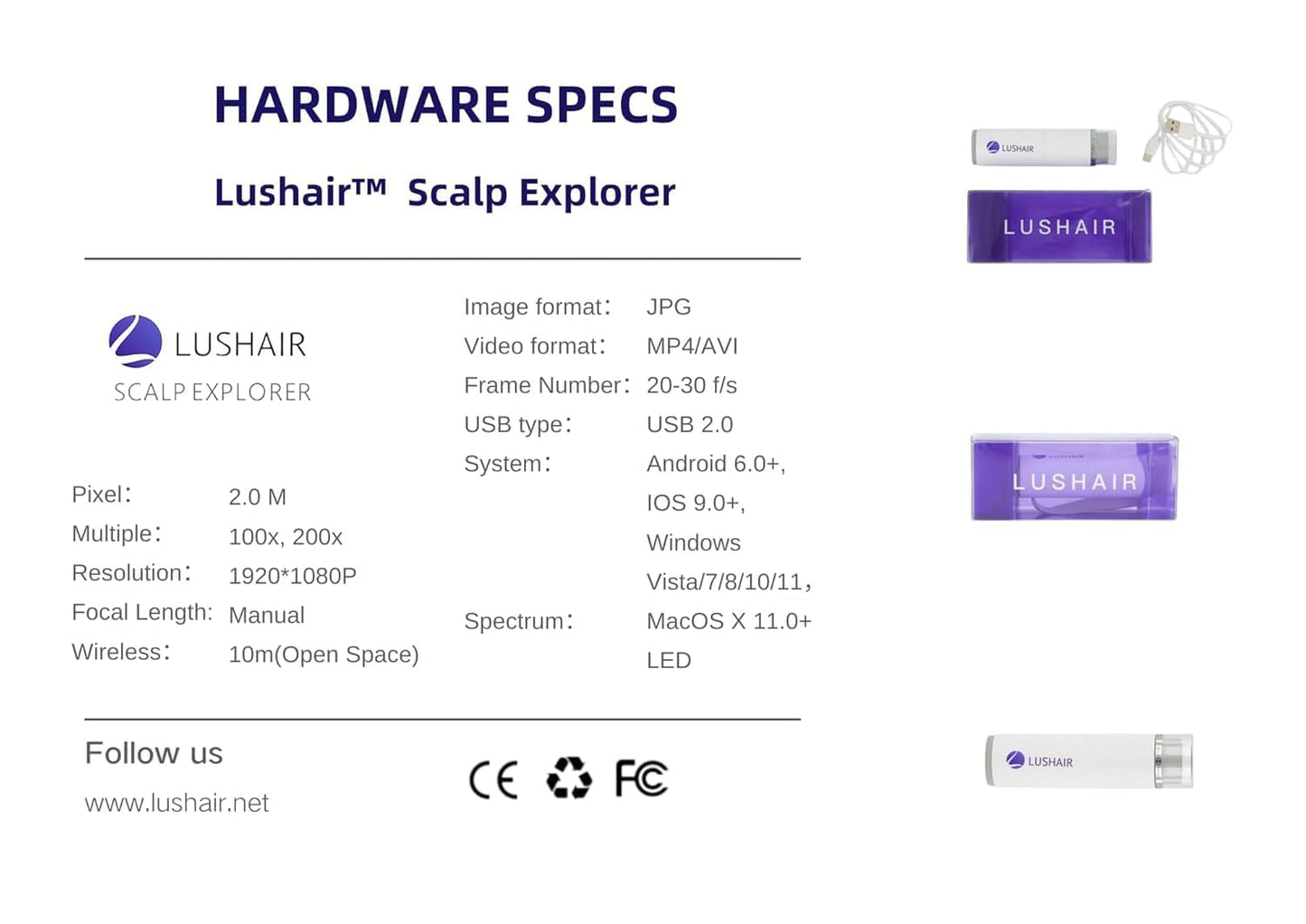 lushair Wireless Hair Analyzer, Hair Follicle Tester, Scalp Microscope, 16-Function Detection, AI Intelligent Analysis Provides Care Plan
