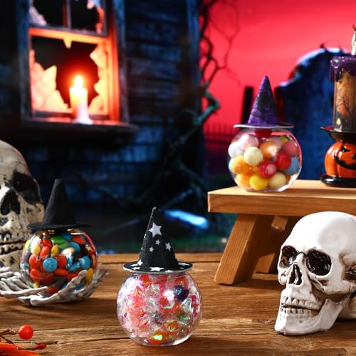 Coume 24 Pcs 6.8oz/ 200ml Spherical Plastic Potion Bottles with Hat Ball Shape Round Bottles for Drink Candy Jar Halloween Party Table Decoration DIY Crafts Gifts Favor