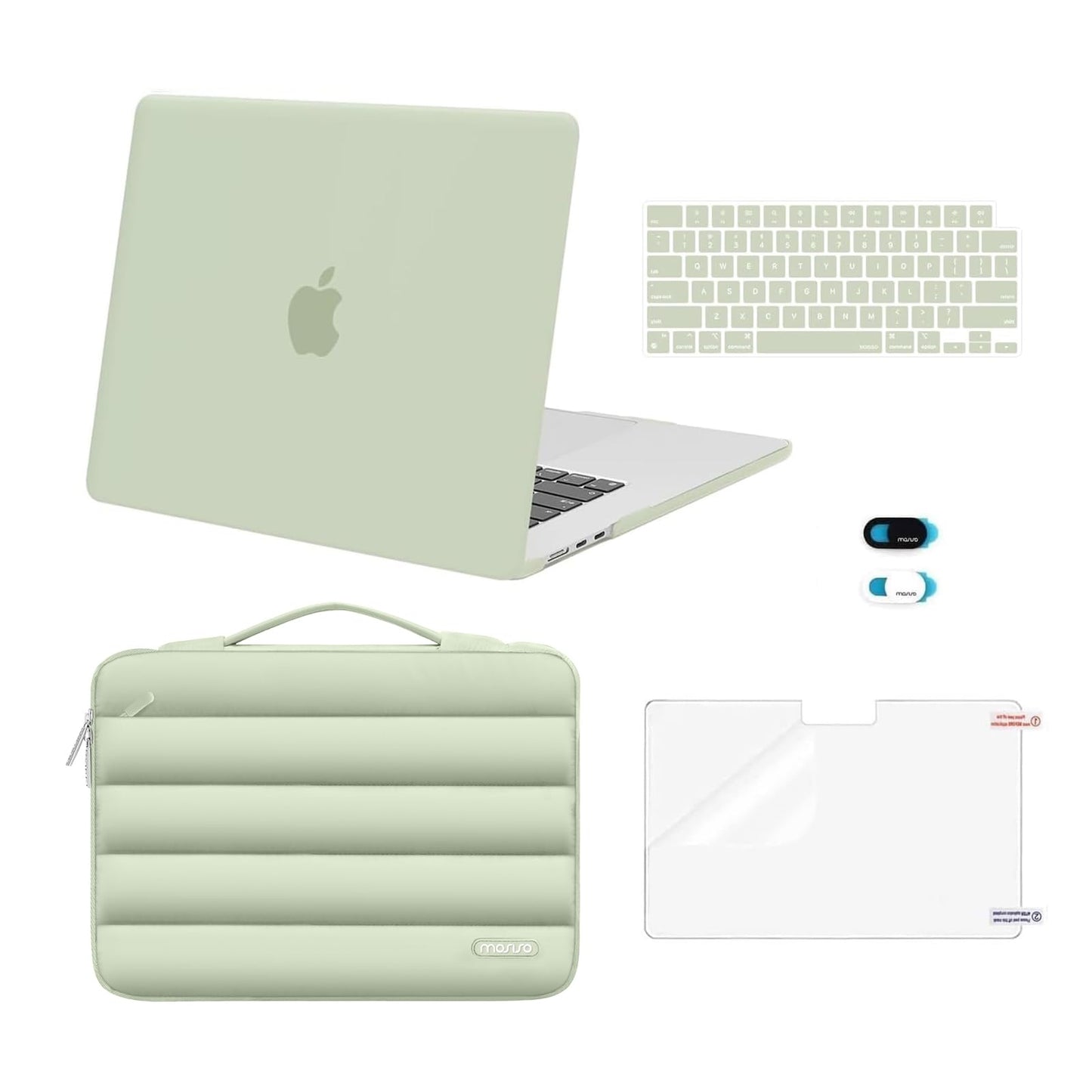 MOSISO Compatible with MacBook Air 15 inch Case M5 2026 M4 2025 M3 2024 M2 2023 A3448 A3241 A3114 A2941, Plastic Hard Shell Case&Puffy Sleeve Bag&Keyboard Skin&Webcam Cover&Screen Film, Sage Green