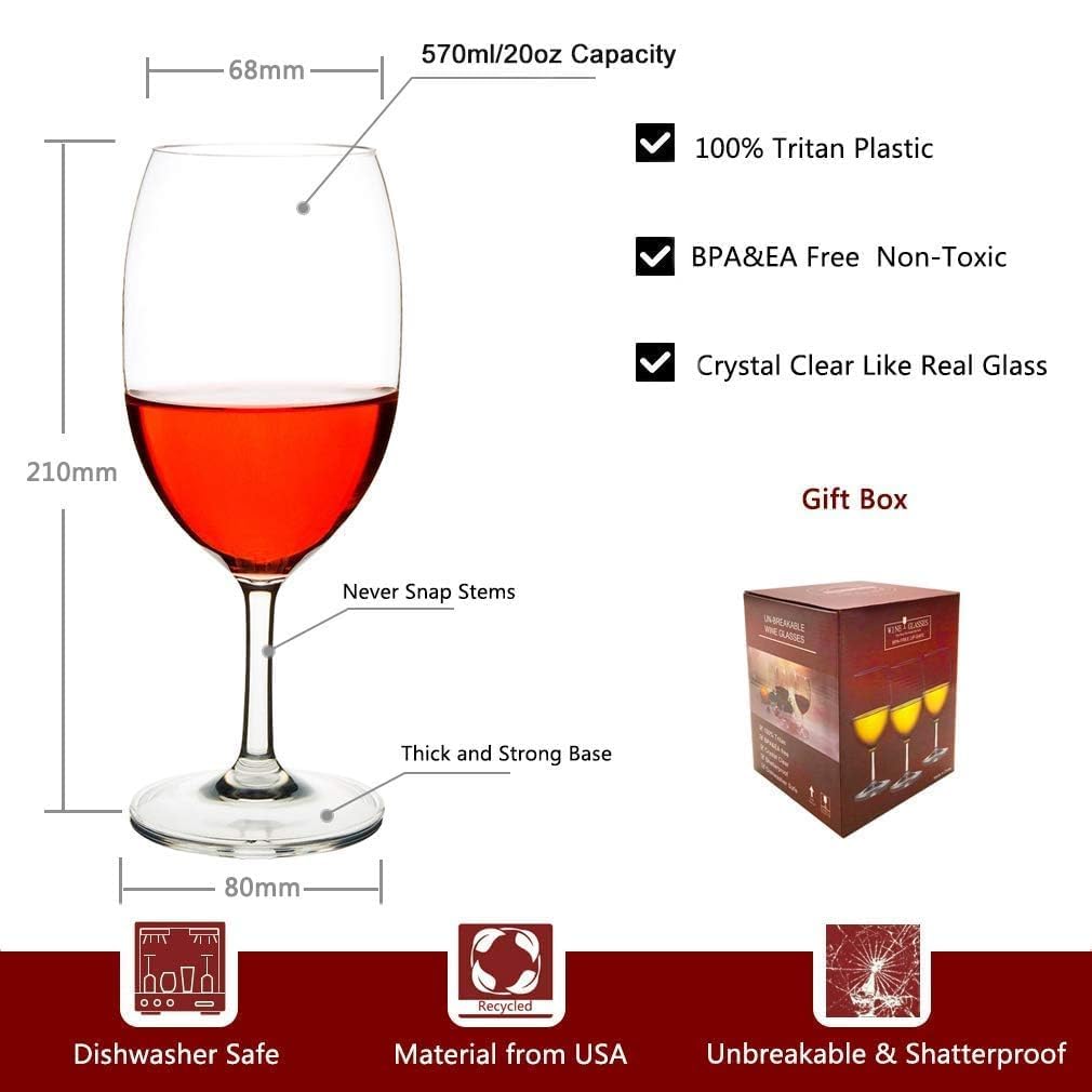 MICHLEY Unbreakable Wine Glasses, 100% Tritan Plastic Shatterproof Wine Glasses, BPA-Free, Dishwasher-Safe 20 oz, Set of 6