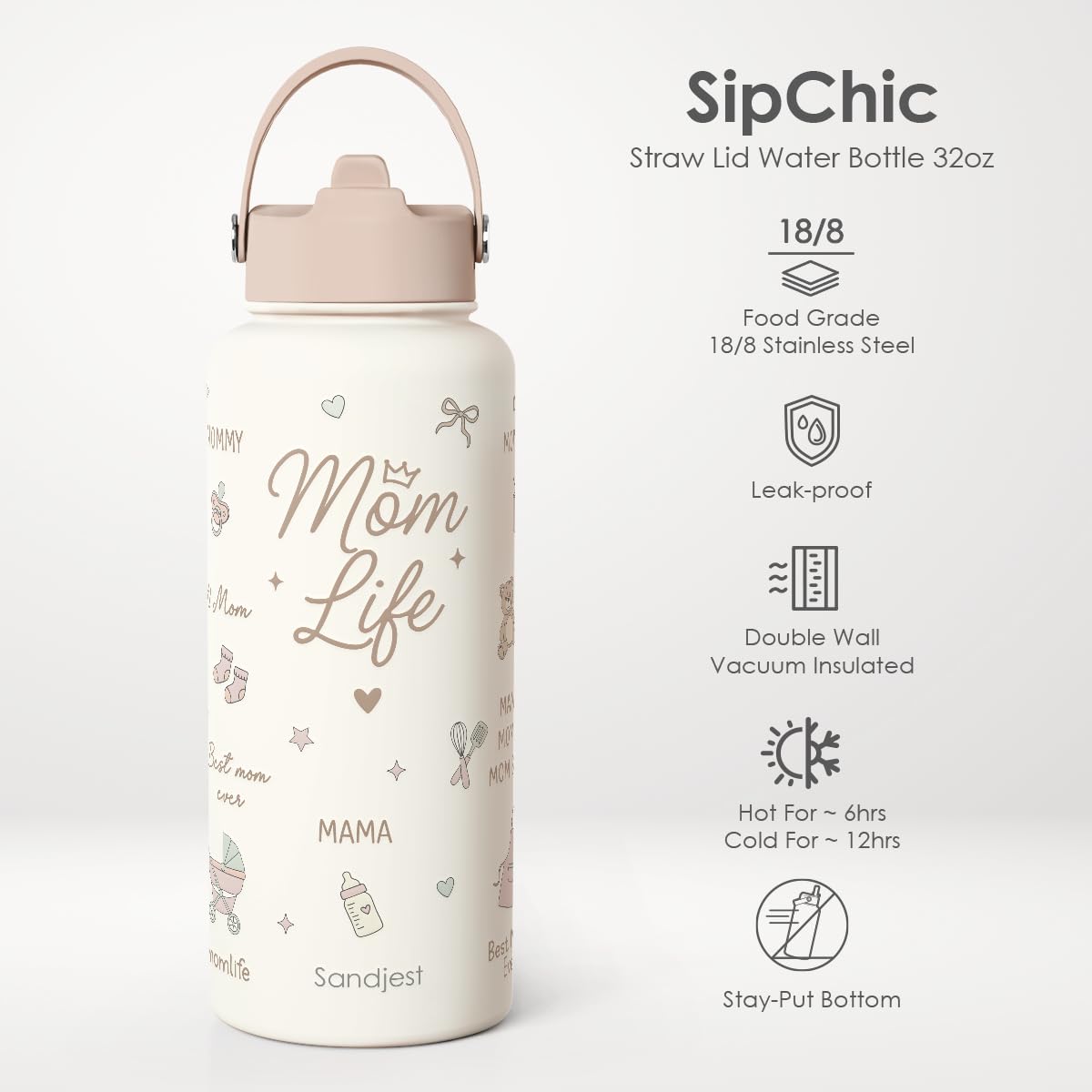 Gift for Mom, Mom Life Water Bottle Stainless Steel 32oz with Lid & Straw, Insulated Bottles Gifts for Mother Friends Women Mother's Day
