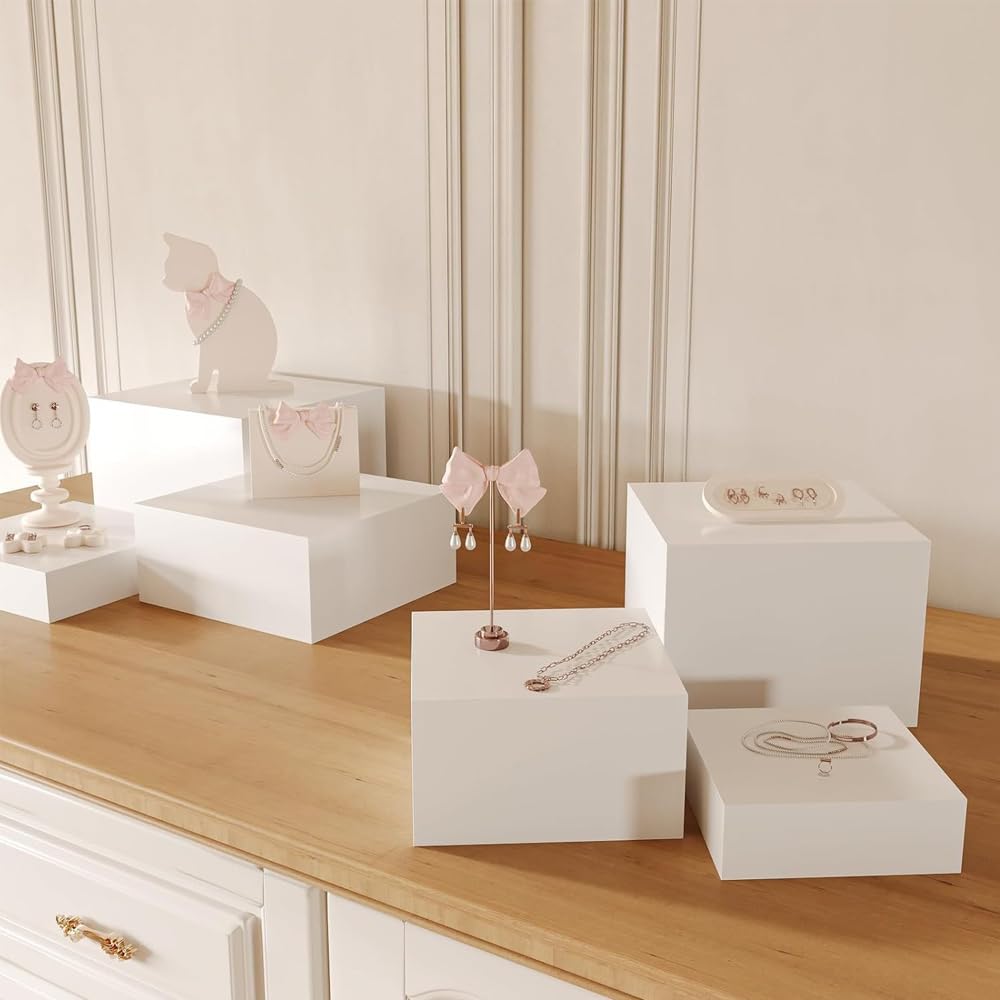 6 Pcs Buffet Risers White Acrylic Display Stands Cube Boxes with Hollow Bottoms Decorative Stand 6 Sizes for Jewelry Candy Table Decor Box Food Riser Party Case Cake Tables