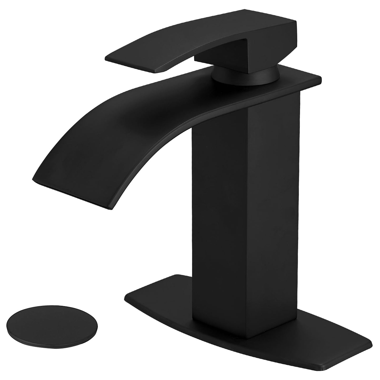 BESy Black Waterfall Spout Bathroom Faucet, Single Handle Bathroom Sink Faucet with Pop-up Drain, Rv Vanity Faucet with Deck Plate & Supply Hoses, Matte Black, 1 or 3 Hole