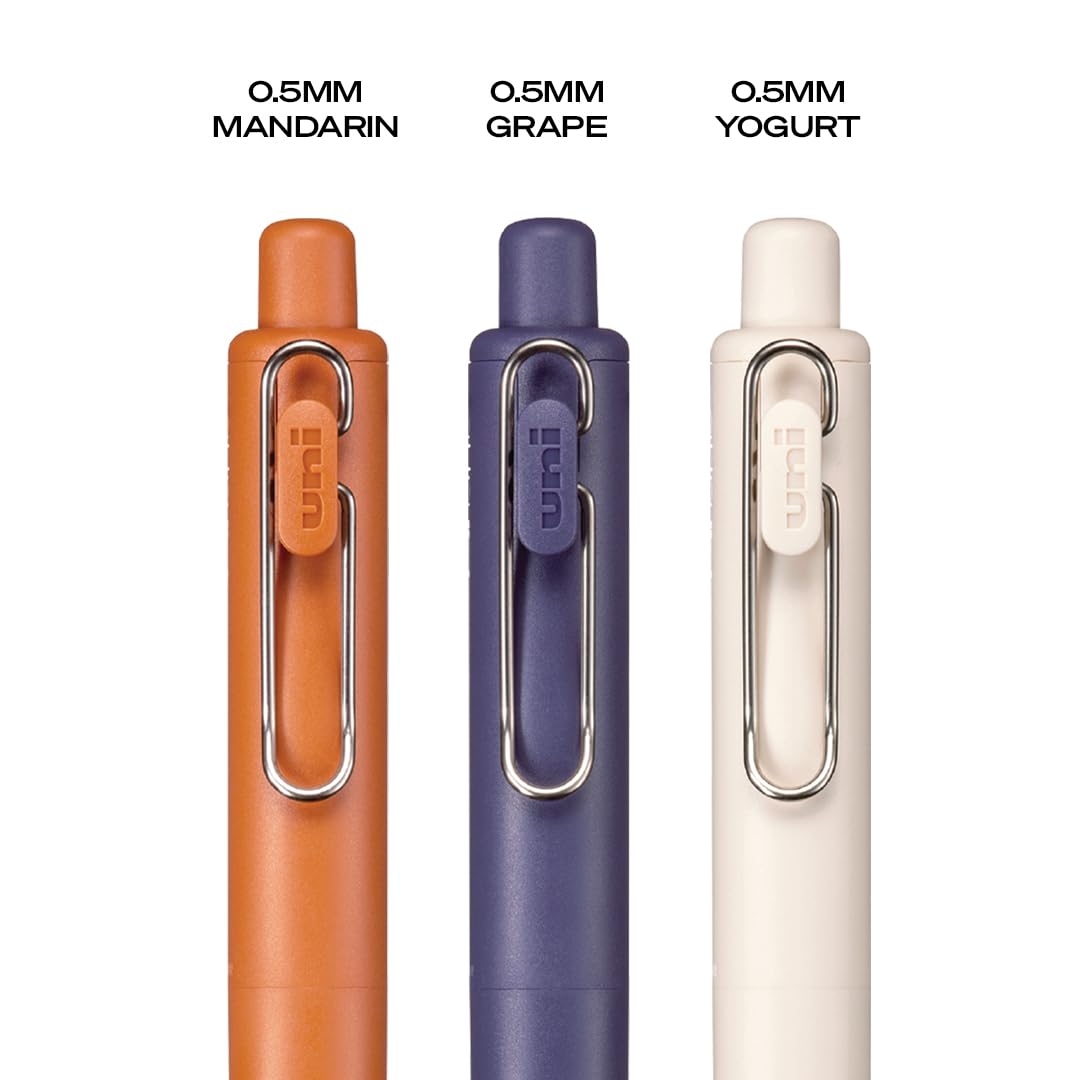 uni one P Retractable Gel Pens, Micro Point (0.5mm), Mandarin, Grape, and Yogurt Barrels, Black Ink, 3 Pack