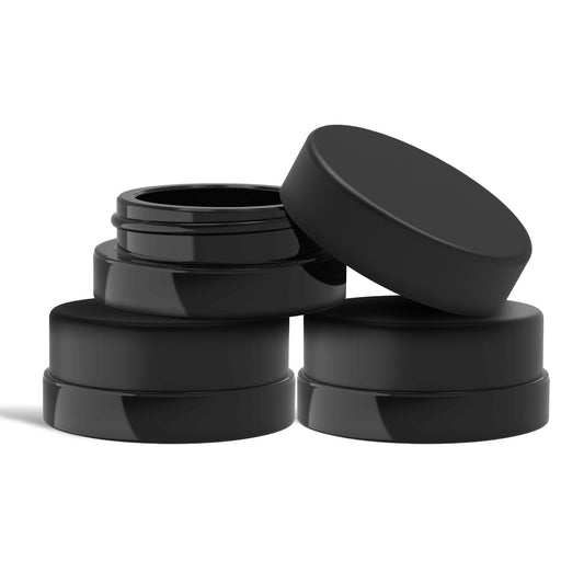 (90 Pack) 7ml Low Profile Thick Black Glass Containers with Black Lids - Jars for Oil, Lip Balm, Wax, Cosmetics