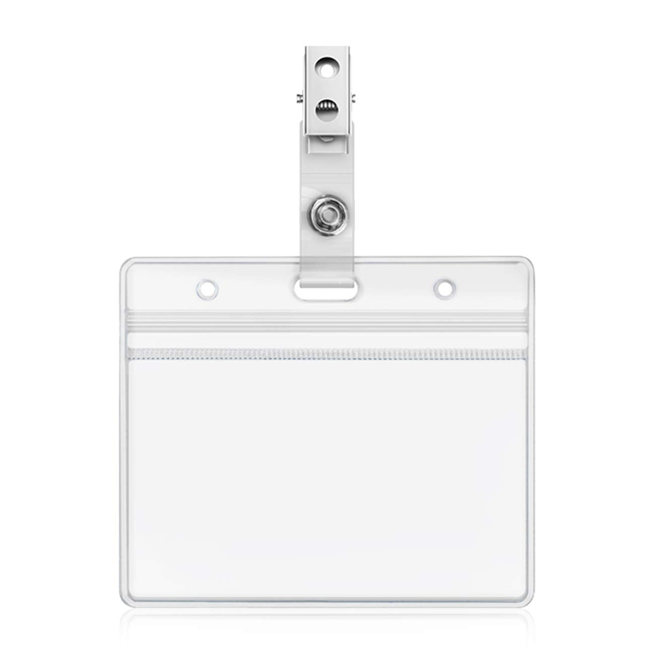 Clear Plastic Horizontal Badge Holders and Metal Badge Clips with Vinyl Straps Waterproof Name Tag PVC ID Card Holder by ZHEGUI (100 Pack, Horizontal Large 3x4)