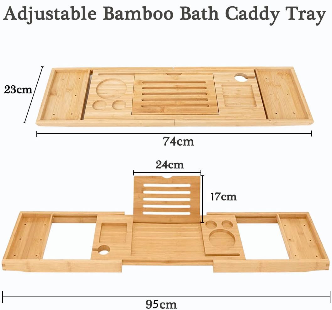 Bamboo Bathtub Caddy Tray, Bath Tub Tray with Towel Holder, Adjustable Bathtub Table with Book Holder, Phone Slot, Cup Placement