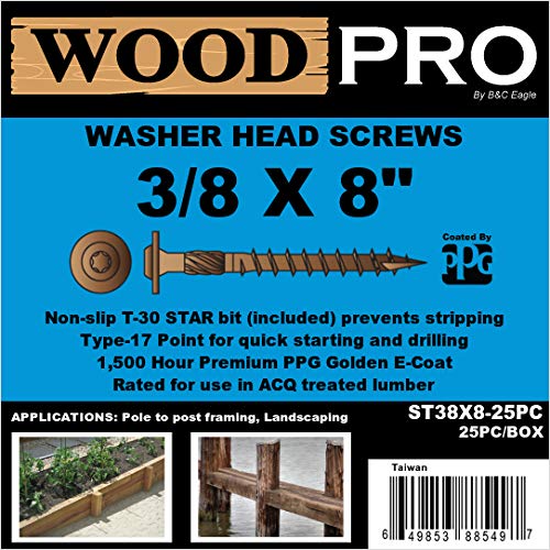 B&C Eagle WoodPro Fasteners ST38X8-25PC 3/8-Inch by 8-Inch Length Round Washer Head Exterior Wood Screws, 25-Pack
