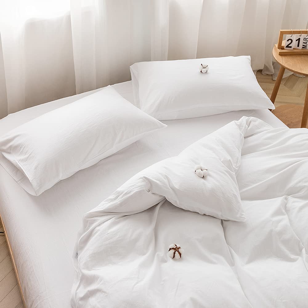 Face Two Face Bedding Duvet Cover Set 100% Washed Cotton Duvet Cover Linen Like Textured Breathable Durable Soft Comfy(Queen, White)