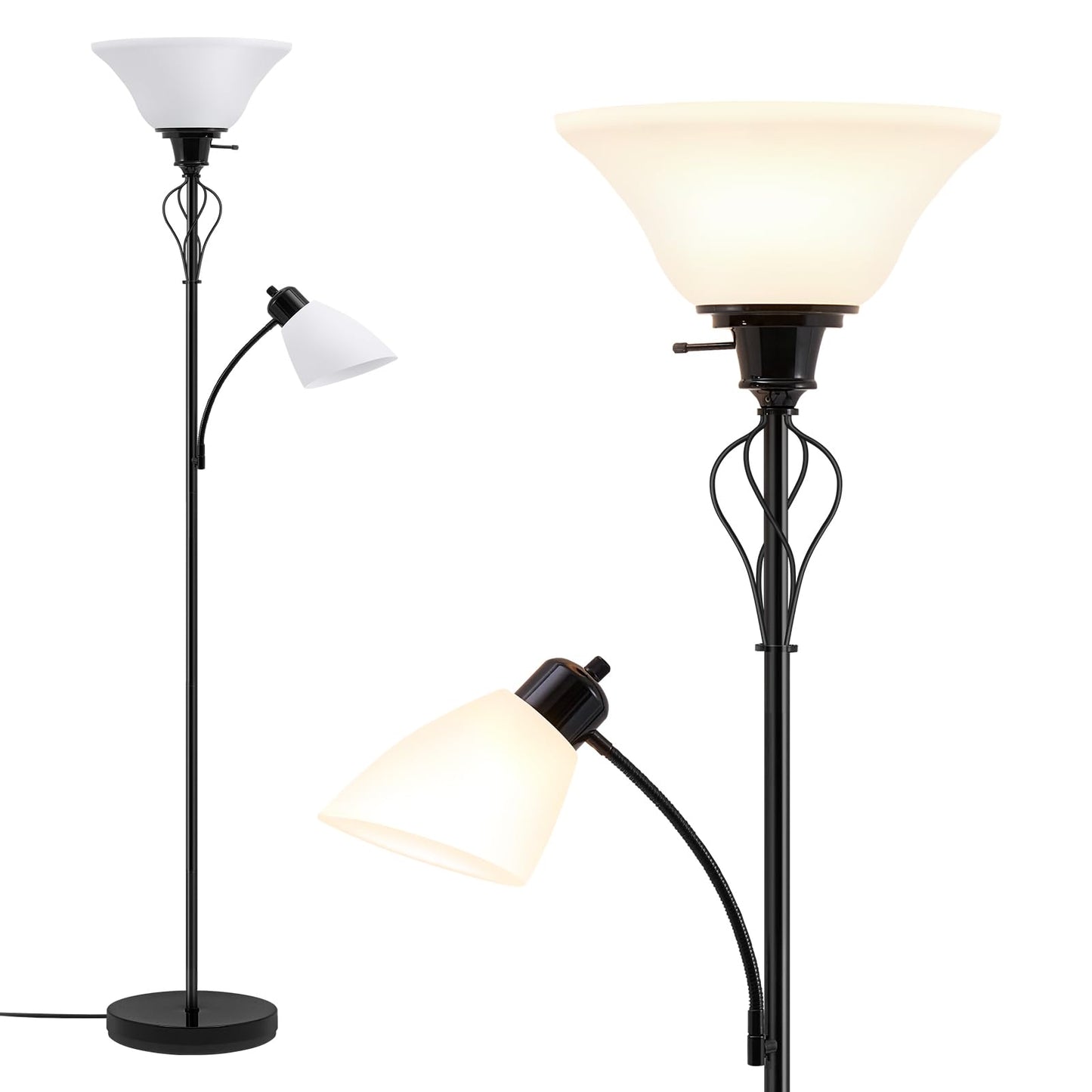 Floor Lamp for Bedroom, 70" Tall 2-in-1 Torchiere Floor Lamp with Adjustable Gooseneck Reading Light, Plastic Shade Lamps Separate On/Off Switch Modern Corner Standing Lamp for Living Room, Office