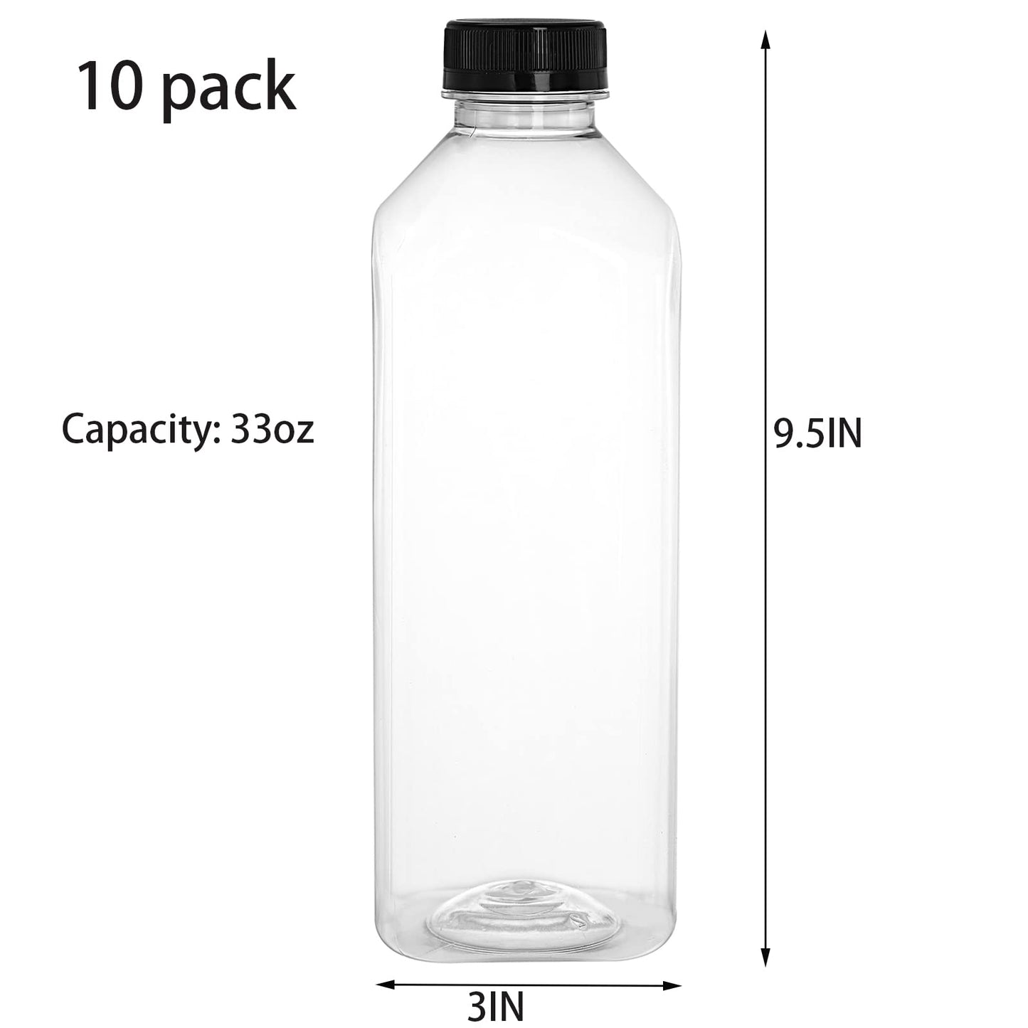 Cedilis 10 Pack 33oz/1L Plastic Juice Bottles with Black Cap, Clear Reusable Containers with Lids, Great Disposable Bottles for Making Juice, Milk, Salad Dressing, Smoothie and Other Beverages