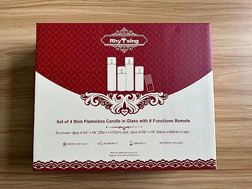 Rhytsing Glass Battery Operated LED Candles, White Slim Flameless Candles with Remote, Warm White Light, 8 Batteries Included - Dia.5 cm - Set of 4 (Pearlescent)