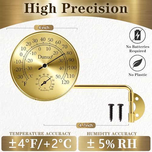 Dunuo 4 Inch Brass Outdoor Thermometer - Analog Temperature Gauge for Patio, Greenhouse, Room, Garage. Solid Brass Swivel Thermometer with Humidity- Golden case (Golden case + Golden dial)