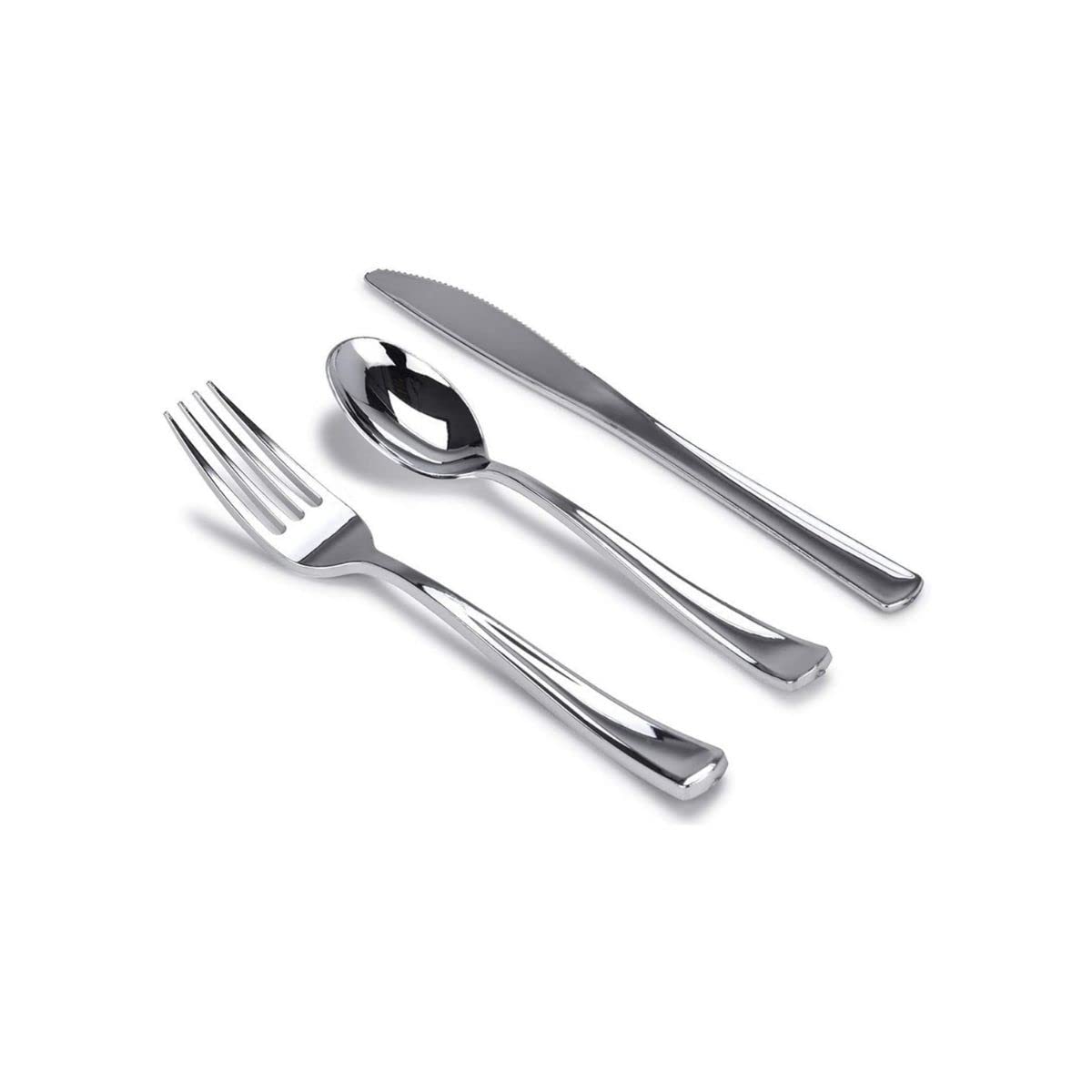 M Honor 50 Place Silver Plastic Silverware for Weddings, Parties, Dinners. 150 Piece Set, Service for 50. Reusable Silverware Sets. Forks, Knives and Spoons