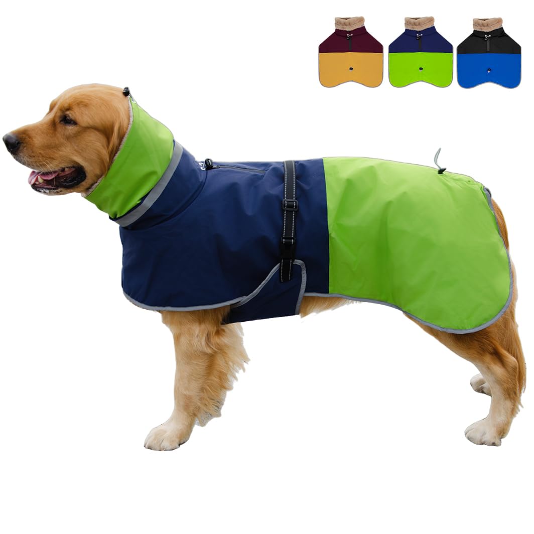 Waterproof Dog Winter Coat, Reflective Turtleneck Design, Fleece Jacket with Snow Protection for Large Dogs, Cold Weather Pet Apparel (Green, 5XL)