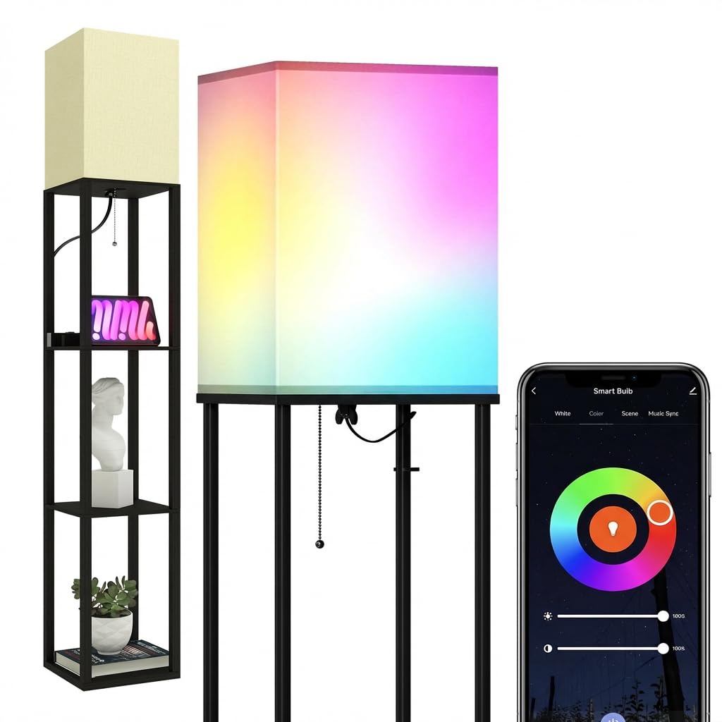 TABEVIO Floor Lamp with Shelves,Smart APP Control Standing Lamp with RGB Bulb with 2 USB Ports, 2 Power Outlet, Corner Lamp with Linen Shade for Living Room, Bedroom, Office