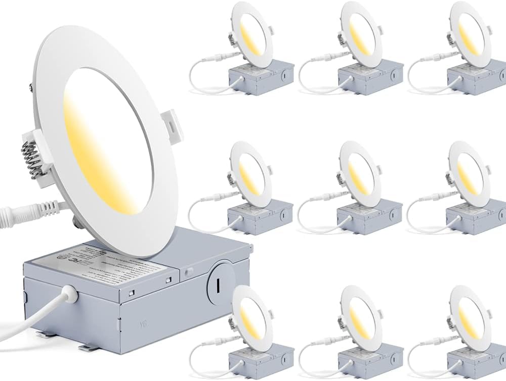 GCN LIGHT 4 Inch Wet Location Dimmable LED Recessed Pot Light 3CCT Ideal for Bathrooms Kitchens Balconies and Under Eaves, 9W 750LM IC Rated LED Slim Panel Downlight with Junction Box, 10 Pack