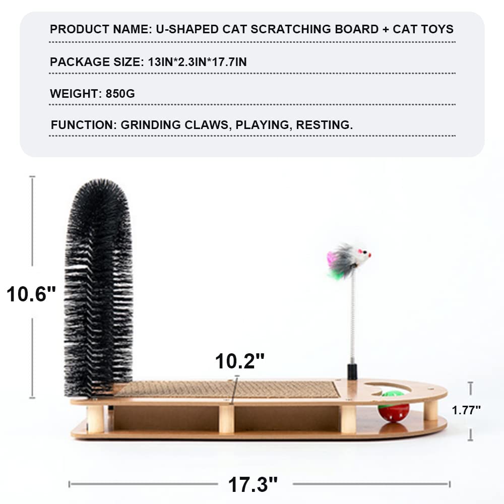 Cat Scratching Board with Cat Arch Self Groomer and Kitty Ball Toys, cat Scratcher Cardboard for Indoor Cats, Eco-Friendly Wood, Durable, Stable and Non-Slip, cat Scratcher Pad