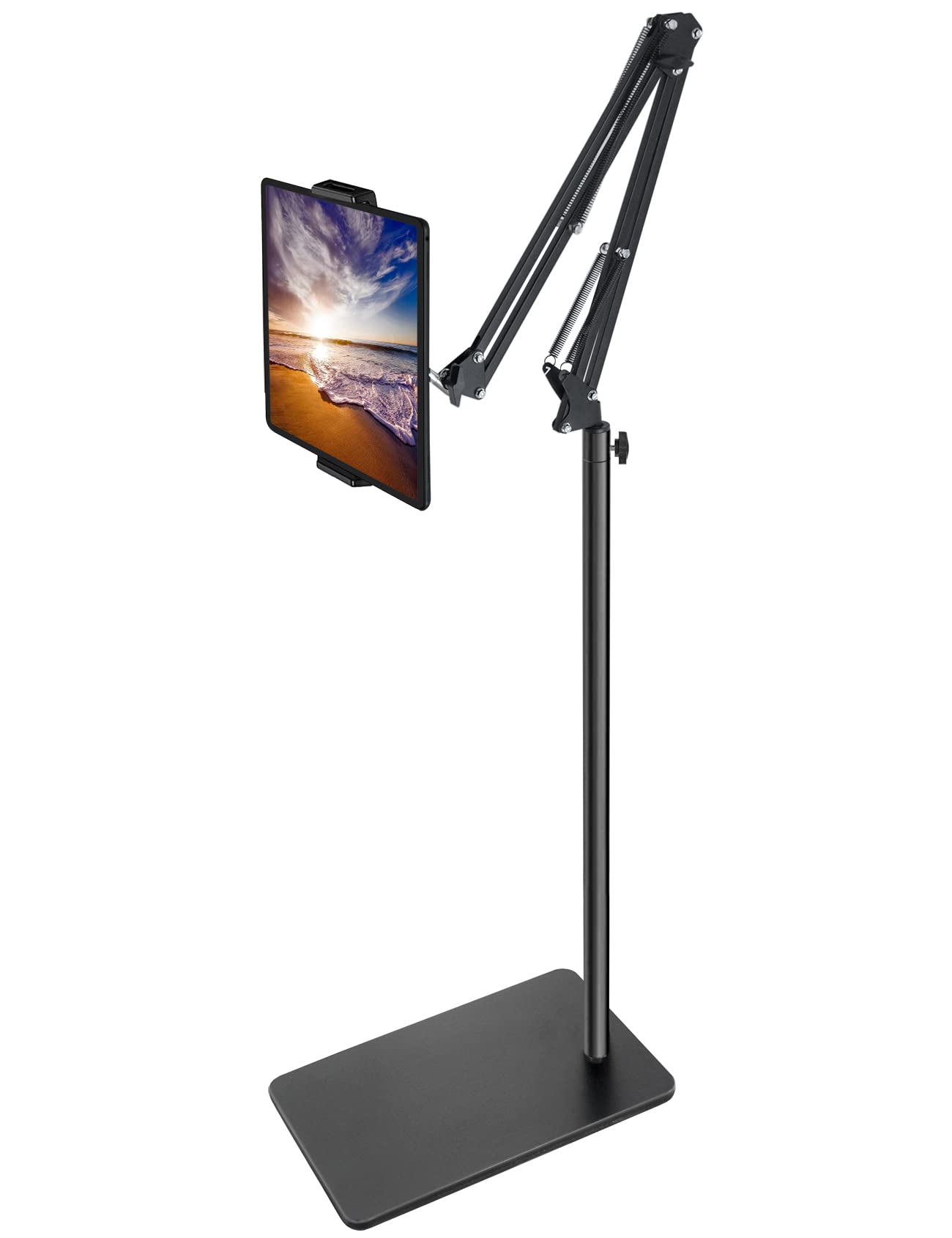 Tablet Floor Stand with Double Weight Base, Overhead Bed Phone Mount Height Adjustable Arm Stretchable Stand Holder, Compatible with iPad mini Air Pro, Galaxy Tab, Kindle, Switch, Cell Phones-Black