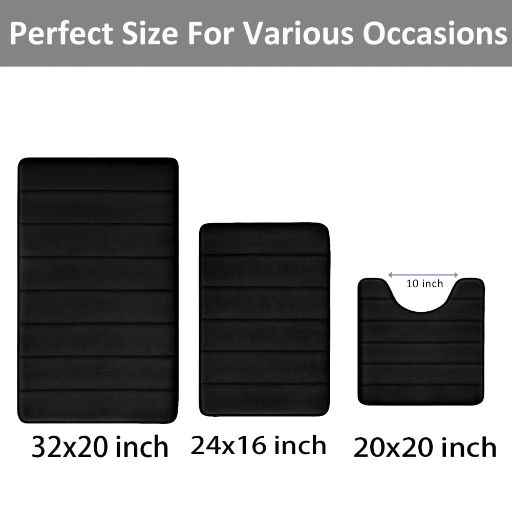 Bathroom Rugs Set Memory Foam Bath Rugs Non-Slip Bath Mat Set 3 Piece,Washable Bathroom Mats,Absorbent Shaggy Rugs Super Soft U-Shaped Toilet Rug,Bahroom Carpets for Bathroom,Tub,Shower（Black）