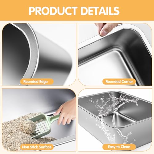 Stainless Steel Litter Box, High Sided Large Metal Cat Litter Boxes Easy Clean, Non Stick No Smell Cat Litter Box for Adult Cats/Kitty/Kitten
