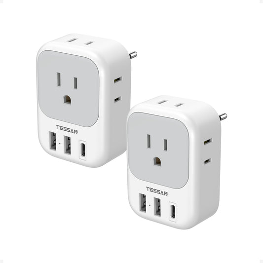 2 Pack European Travel Plug Adapter, TESSAN Canada to Europe Plug Adapter with 4 AC Outlets, 1 USB C and 2 USB A Ports, 7 in 1 Type C Travel Power Adaptor for Most of Europe, Italy, France, Portugal
