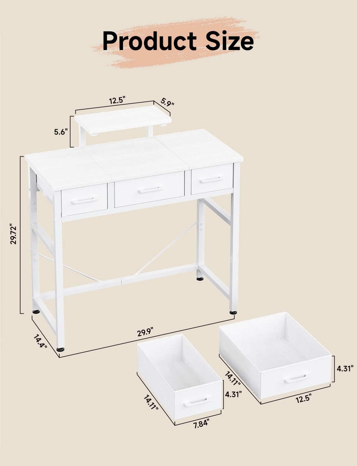 KitMent Small Desk with 3 Fabric Drawers, 30 Inch Computer Desk with Hook, Work for Home Office, Study Table, Kid’s Desk, Makeup Vanity Desks, Made of Wood & Metal, White