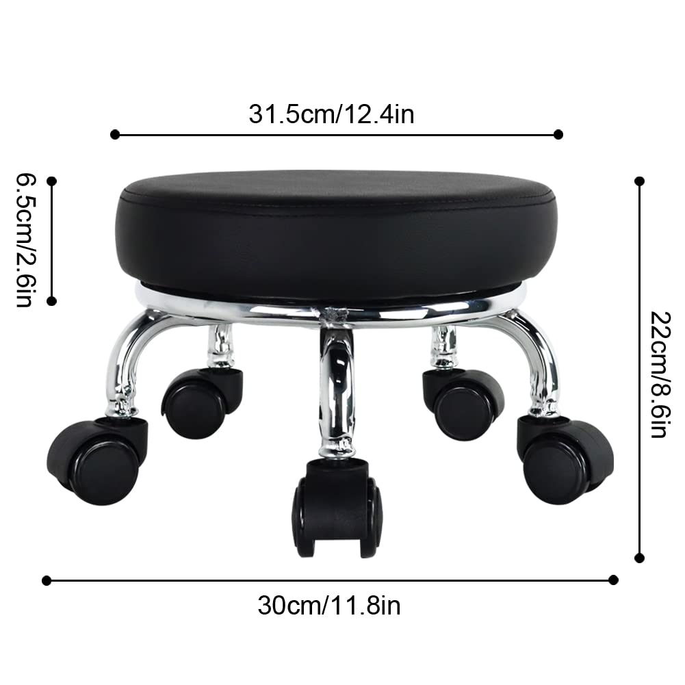 WKWKER Rolling Seat PU Leather Low Round Rolling Stool Small Stool with Universal Swivel Wheels for Home Office Garage Shop Fitness Sports, Height: 21.8 cm (Black)