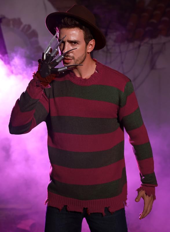 Arvilhill Men's Freddy Krueger Sweater Adult Nightmare on Elm Street Red & Green Striped Jumper Pullover 3XL