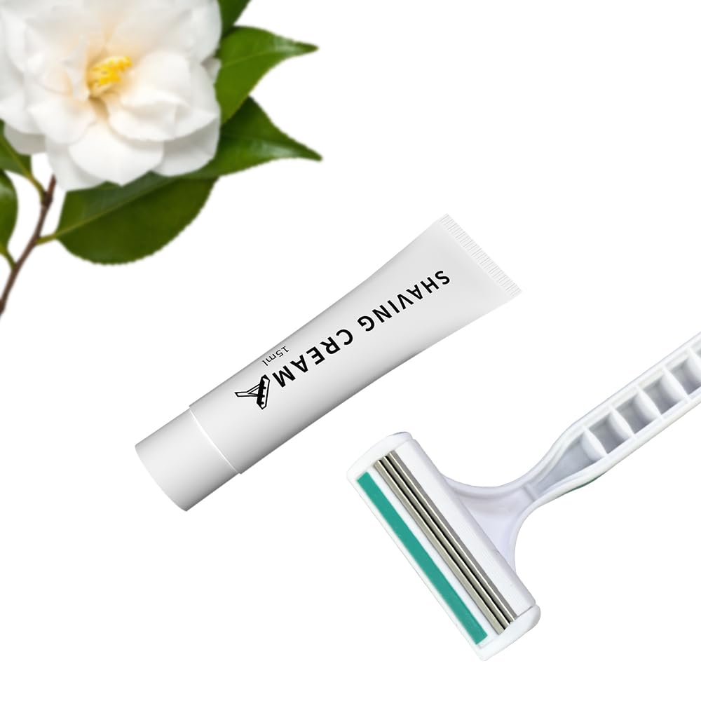 50 Pack Shave kit in Bulk 3 Blades Shave Disposable Razor with Protective Cap 12g Cream Individually Wrapped Paper Box for Hotel,Airbnb, Homeless,Shelter Camping Travel On The Go
