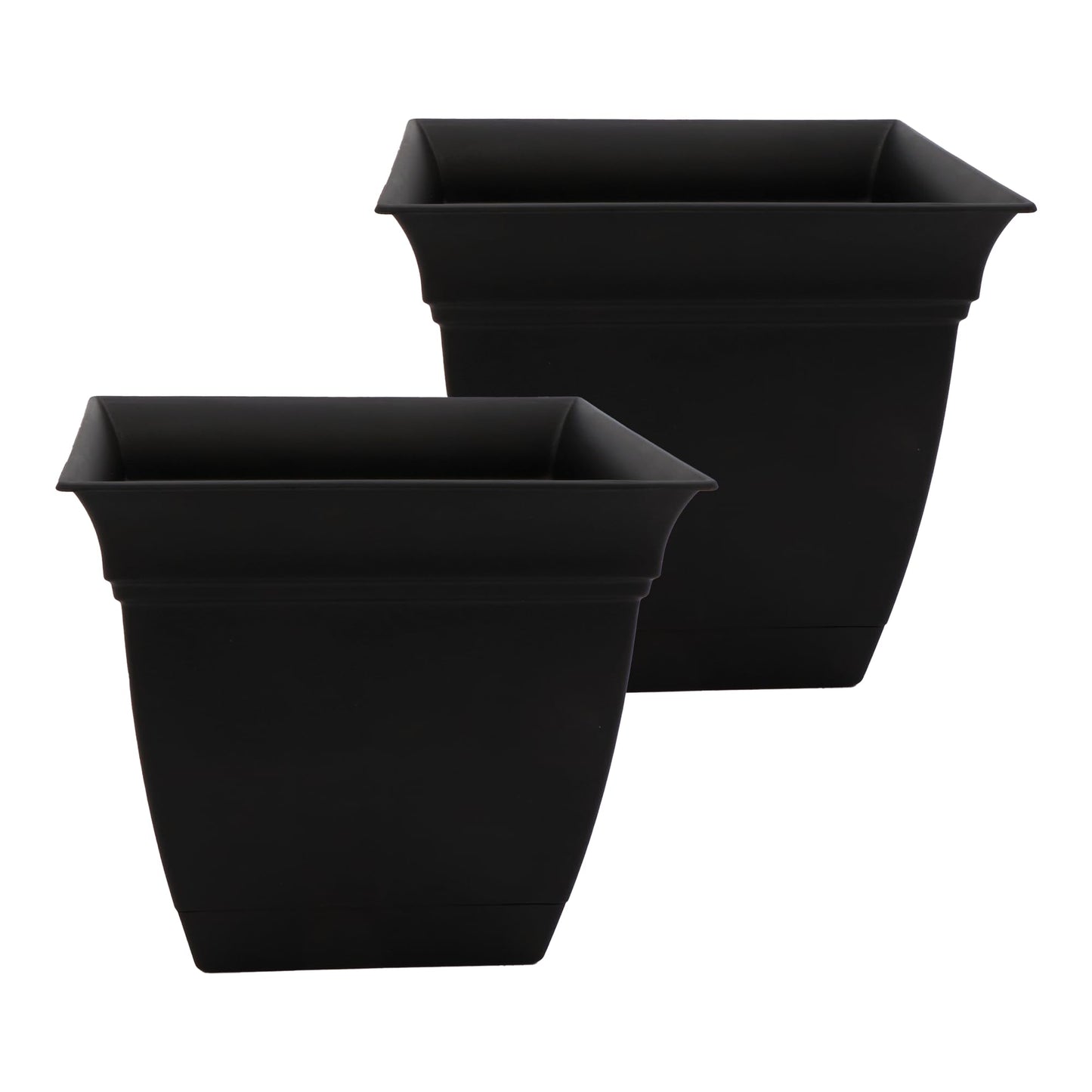 The HC Companies Eclipse Square Plastic Planter w/Attached Saucer - Outdoor & Indoor Plant Pot with Drainage Holes - Lightweight, UV-Resistant Plastic Pots for Plants (12" Black, Pack of 2)