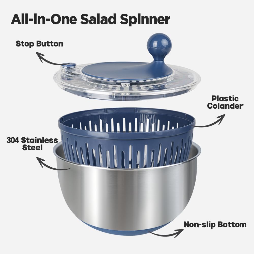 Shatomo Stainless Steel Salad Spinner, 5L Lettuce Spinner with Non-Slip Base, Drain and Stop Button, Fruit and Vegetable Washer and Dryer Spinner
