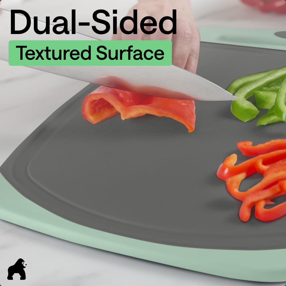 The Original GORILLA GRIP Oversized 100% BPA Free Reversible Durable Kitchen Cutting Board Set of 3, Juice Grooves, Dishwasher Safe, Easy Grip Handle Border, Food Chopping Boards, Cooking, Mint Gray