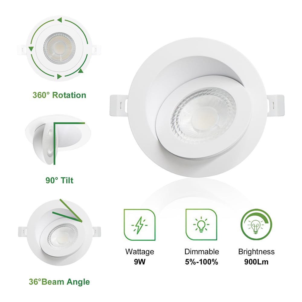 GCN LIGHT Gimbal 3000K 4000K 5000K Adjustable 9W 4 Inch 900LM Dimmable LED Recessed Pot Light, ETL Energy Star Listed IC Rated LED Slim Panel/Downlight with Junction Box, 6 Pack