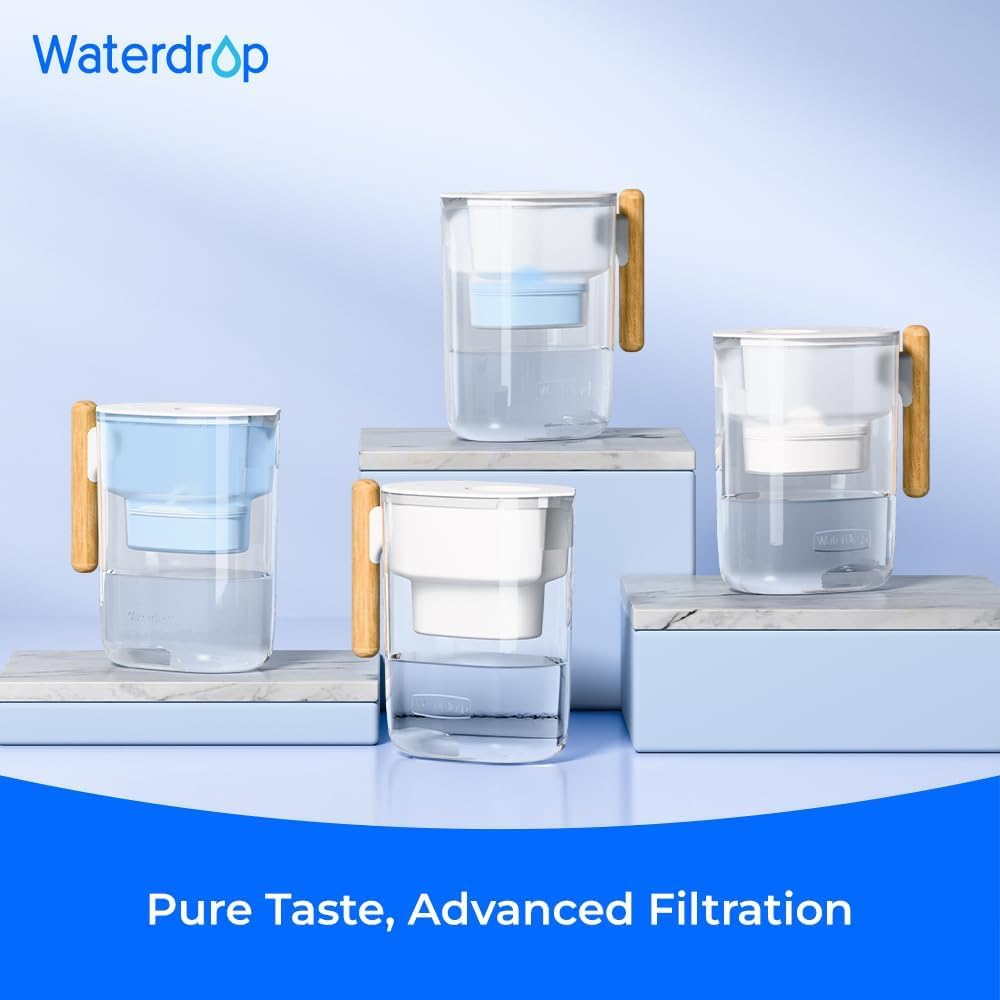 Waterdrop PT-04B Water Filter Pitcher, 10-Cup Capacity, NSF Certified, 200-Gallon Long-Life Filter, 5X Longer Filter Life, Reduces PFOA/PFOS and Chlorine, BPA-Free, Sturdy Wooden Handle, Blue