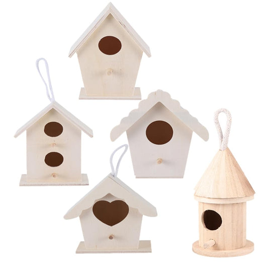 CIMAXIC 5Pcs Wooden Bird Nest Ornaments DIY Unfinished Birdhouses for Painting and Decoration Natural Wooden Craft for Small Birds Outdoor Garden Decor