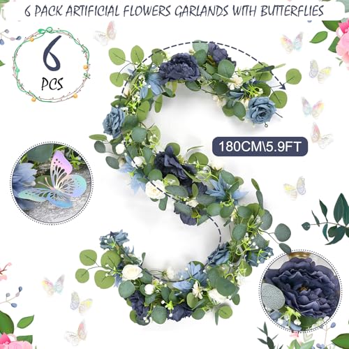 HOMENERGY Eucalyptus Garland with Flowers - 6 Pack 5.9 FT Fake Flower Garland with Butterflies Faux Rose Greenery Garlands for Wedding Table Backdrop Arch Centerpieces Decorations - Navy Blue