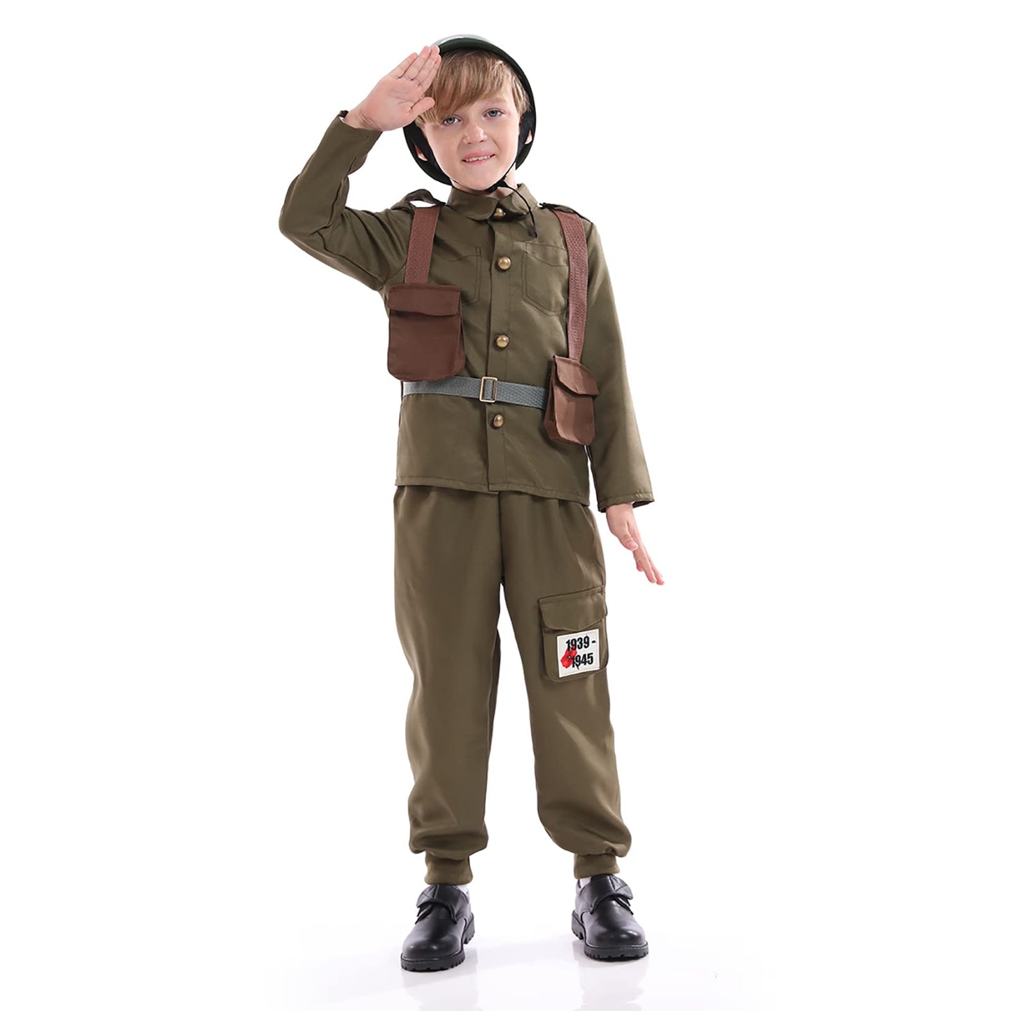 Army Soldier Costume for Kids,Unisex WWII Soldier Dress up with Helmet,Halloween Cosplay Outfit,khaki (M(for height 40"-45"))