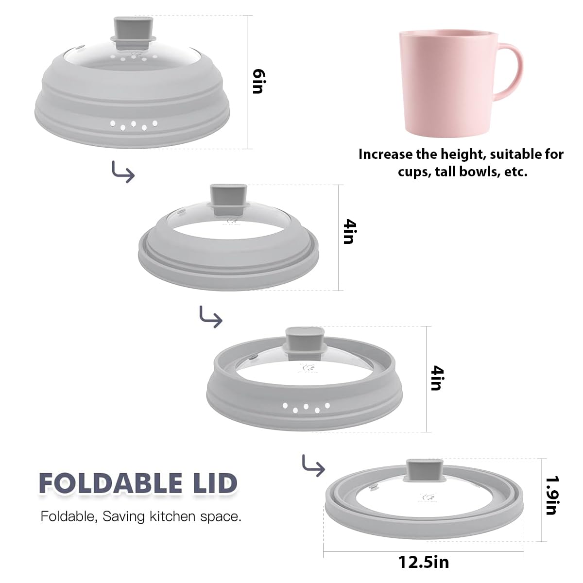 Microwave Splatter Cover Glass Cover Guard Lid 6 inch Height with Collapsible Silicone for Food Pot Plate 12.5 inch Grey
