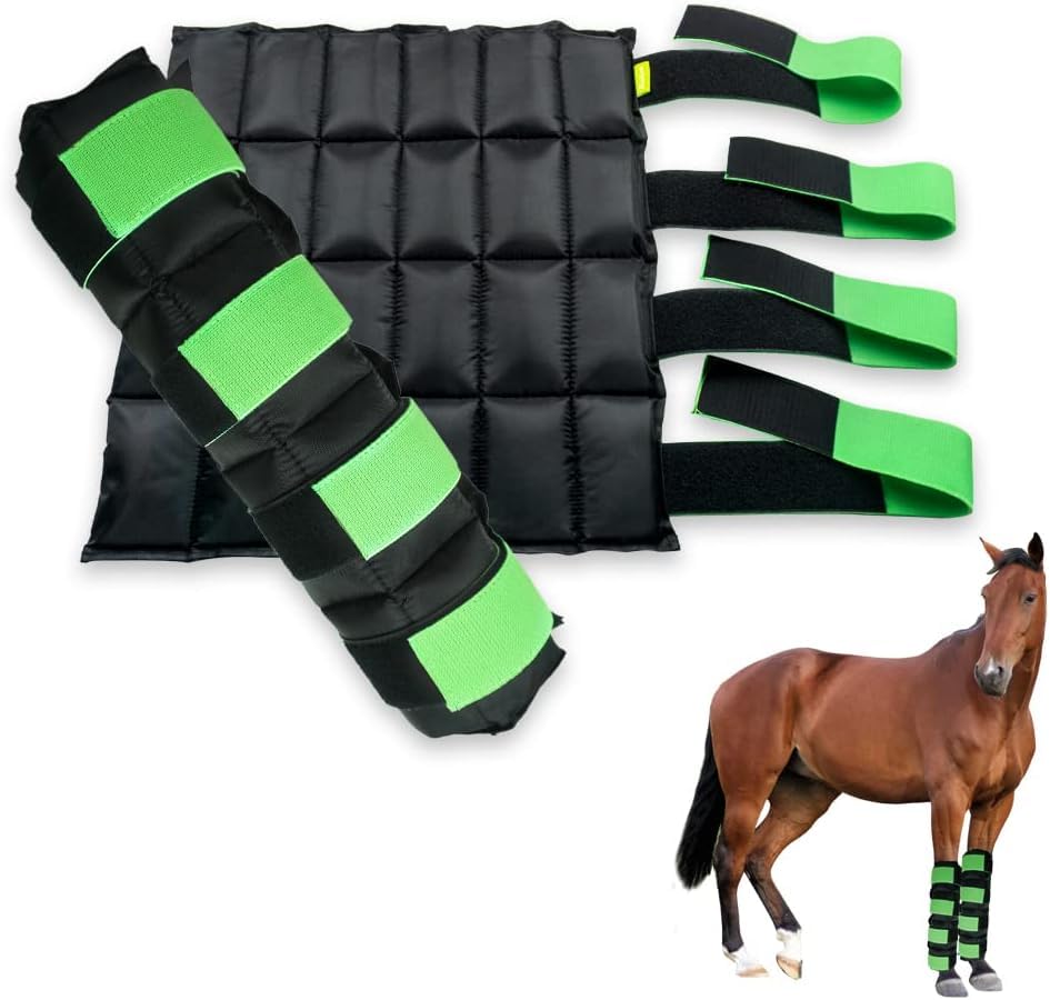 WORLD-BIO Horse Ice Boots Wraps Set of 2, Reusable Cooling Boot Wrap for Horse Injuries, Therapy Full Ice Boots for Horses with Straps, Hock, Knee and Hooves, 16.9'' x 16.2'' Green