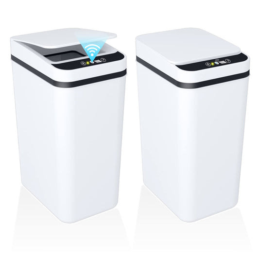2 Pack Bathroom Trash Can with Lid Touchless Automatic Garbage Can, 2.6 Gallon Slim Waterproof Motion Sensor Smart Trash Can, Small Plastic Trash Bin for Bedroom, Living Room-White