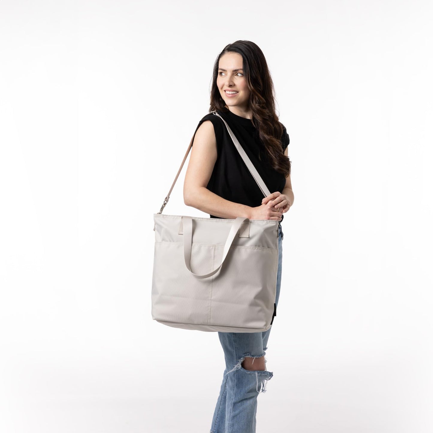 Simple Modern Tote Bag for Women | Medium Water-Resistant Laptop Purse with Compartments and Zipper Top | Shoulder Bag with Pockets for Work, Travel & School | Almond Birch