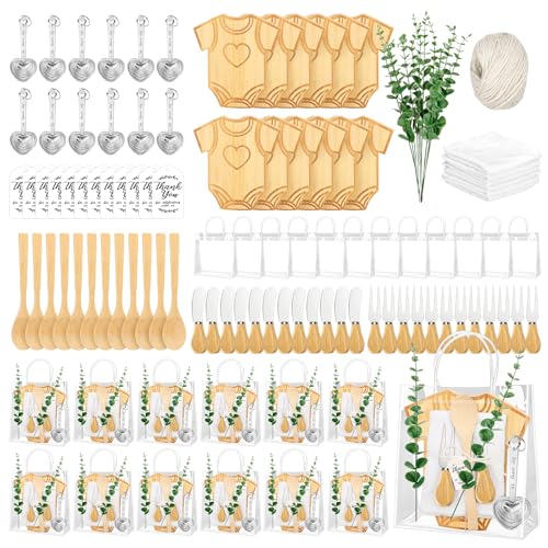 121Pcs Baby Shower Prizes for Game Winners 12 Sets Bamboo Cheese Board Spoon Fork Butter Spreaders Measuring Spoon Kitchen Towel Thank You Card Gift Bags Wedding Bridal Favors for Guests （Clothing）