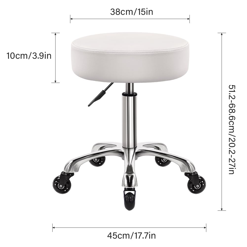 WKWKER Heavy Duty Rolling Stool with Wheels Hydraulic Swivel Adjustable Rolling Stool Ergonomic Thick Leather Seat Stool Chair for Kitchen Drafting Lab Office Salon Message Stool (White)
